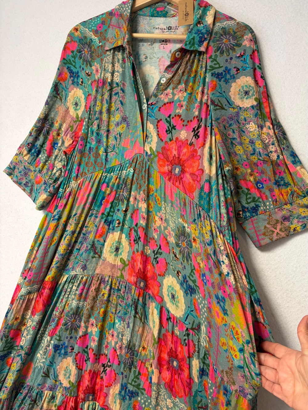 Natural Life Rebecca ButterSoft Blue Garden Patchwork Floral Midi Dress L NWT - Picture 7 of 14